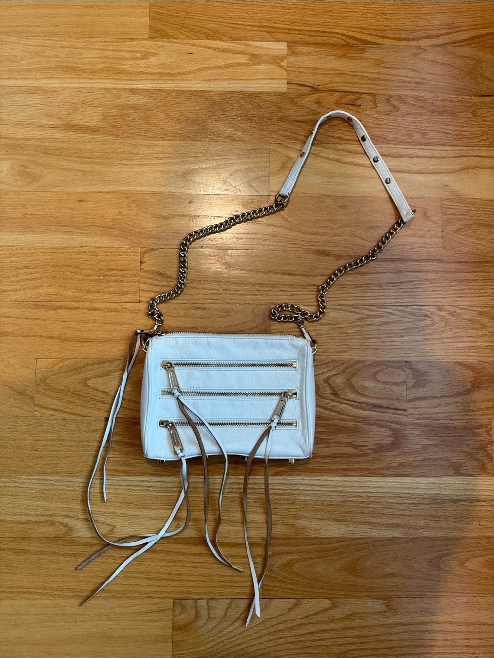 Rebecca Minkoff White Crossbody with Gold Chain & Tassel Zippers
